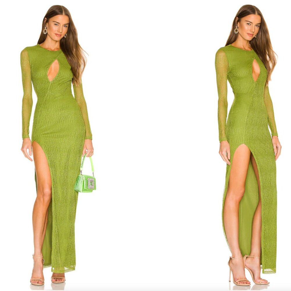 Michael Costello x REVOLVE Lauren Green Maxi Dress High Slit Long Sleeve